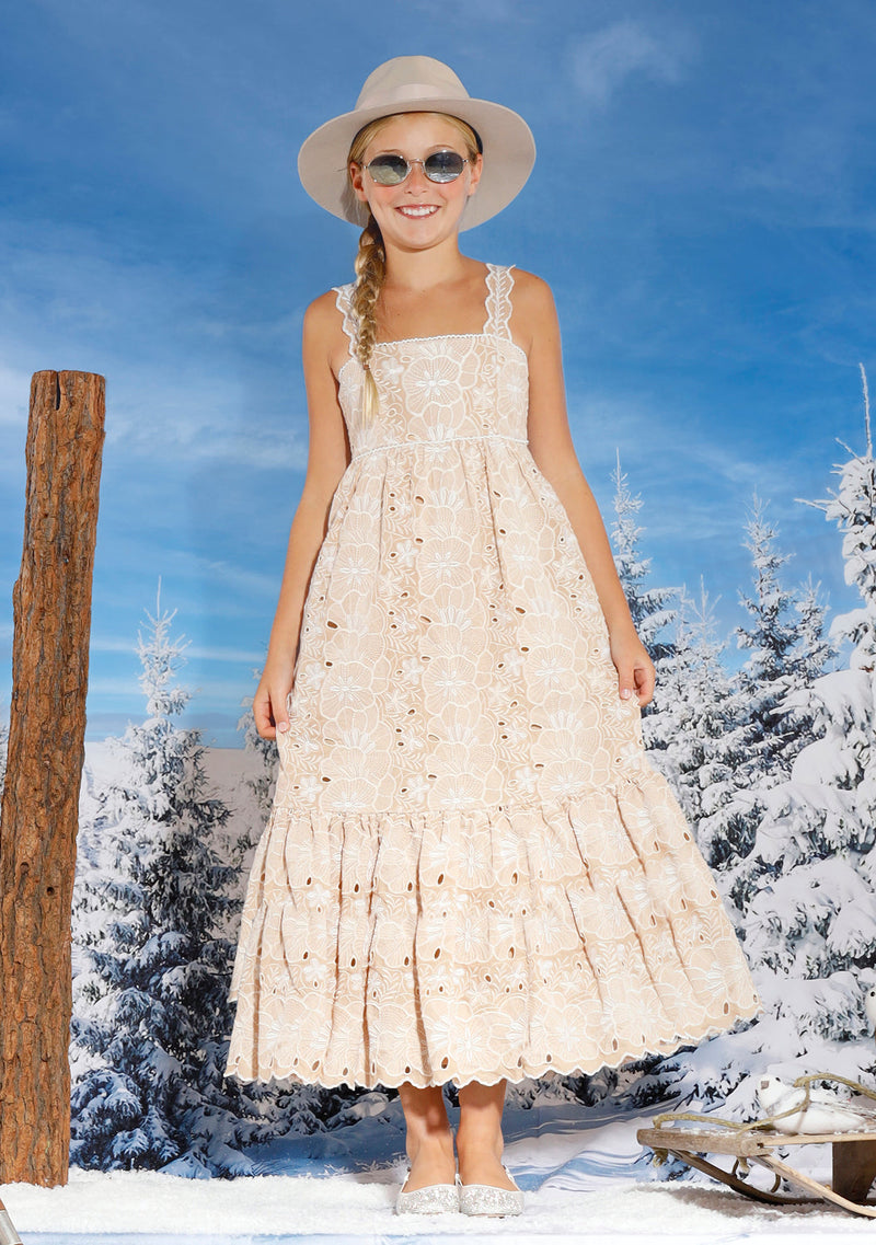 Marlo Kids | Riley Floral Embroidered Open Back Shoulder Strap Maxi Dress, (Cream, Size 3-4Y)